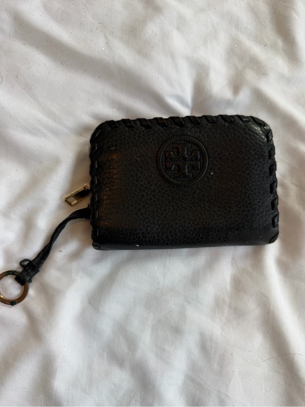 Tory Burch Black Leather Zip Card Case with Whipstitch Trim